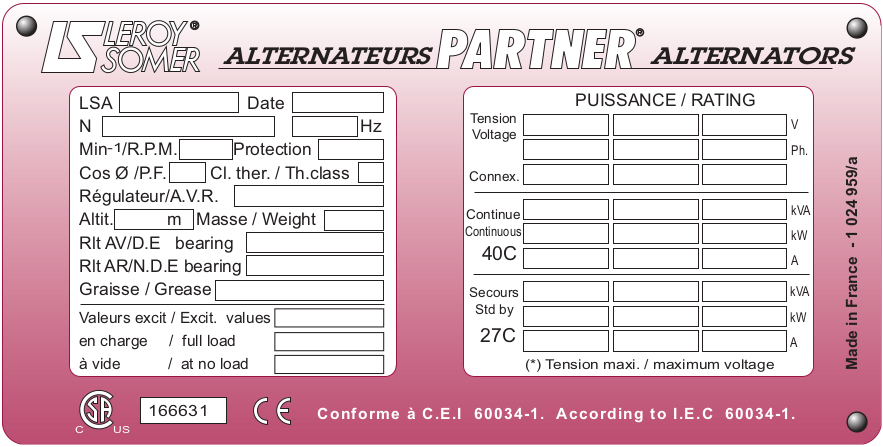 Plaque signalétique d'un
alternateur